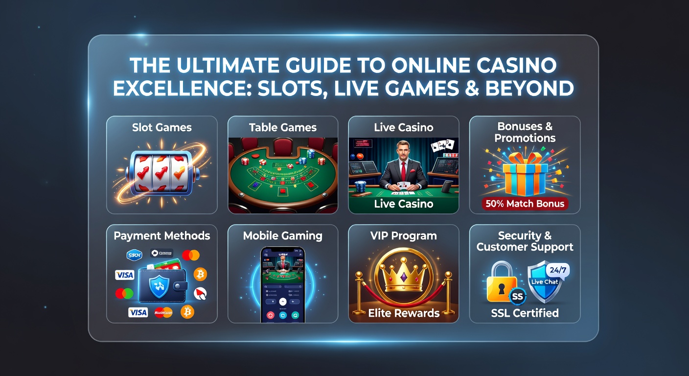 Dynamische Darstellung eines modernen Online-Casinos mit rotierenden Slot-Walzen, Live-Dealer-Tischen und mobilen Bildschirmen, die Boni und VIP-Elemente hervorheben