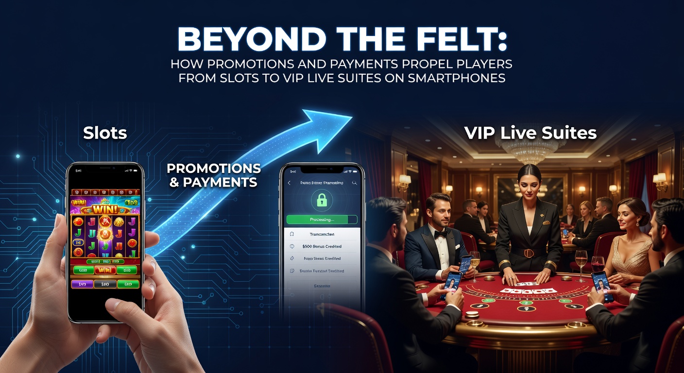 Smartphone mit Casino-App, das Slots und Live-Dealer-Spiele zeigt, während Promotions und Zahlungen im Hintergrund leuchten