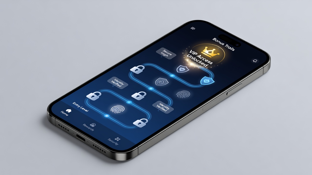 Darstellung von VIP-Status-Pfaden und mobilen Sicherheitsfeatures in Casino-Apps