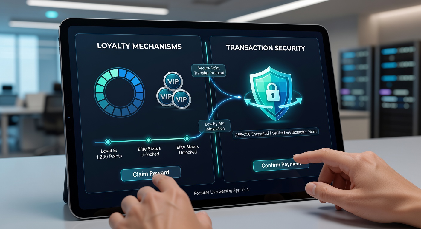 Schnittstelle einer mobilen Gaming-App mit Loyalty-Punkten und sicheren Transaktionsoptionen